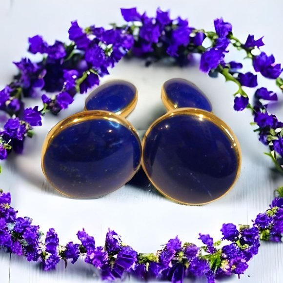 18K GOLD BLUESTONE LAPIS LAZULI DESIGNS ROUND BEZEL CUFFLINKS - Picture 7 of 7